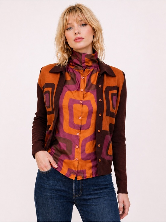 D. Terrell Sweaters - D. Terrell Silk Blend Twinset Cardigan Set Small Retro Mod 70s Geometric Top